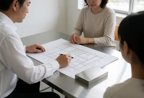 Consultant architecte présentant des plans sur une table en acier inoxydable brossé lors d'une consultation en bureau bien éclairé.