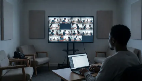Un éditeur vidéo travaille sur un montage avec un grand moniteur affichant plusieurs prises dans une salle équipée d'acoustiques et de chaises confortables.