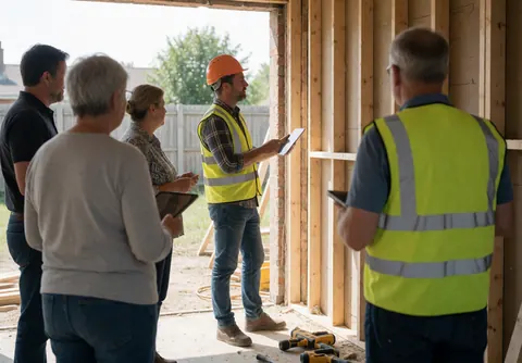 Des experts en casques et gilets vérifient une charpente en bois avec des outils et tablettes sur un chantier extérieur en plein jour.
