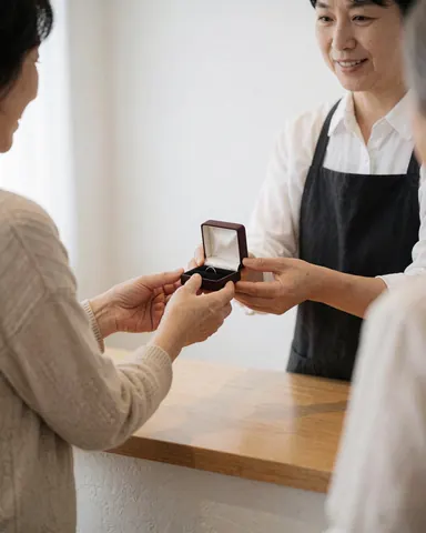 Un client reçoit une bague dans une boîte marron des mains d'un bijoutier portant un tablier, devant un comptoir en bois et des murs blancs.