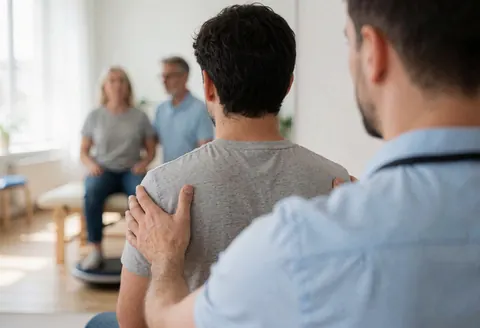 Un thérapeute guide les mouvements d'un patient sur une planche d'équilibre dans un cabinet de kinésithérapie lumineux avec miroir.