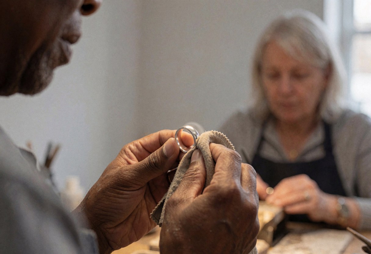 Un technicien poli une bague en argent avec un chiffon doux dans un atelier de joaillerie aux murs gris et à la lumière naturelle.