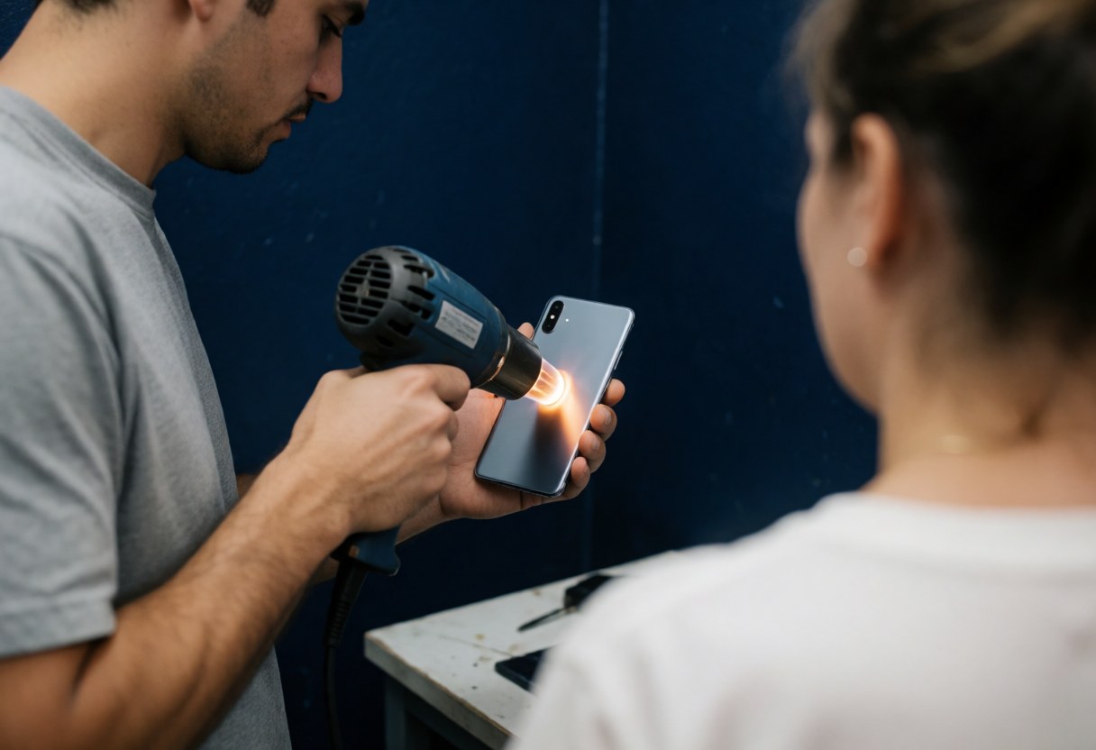Un technicien utilise un pistolet thermique pour chauffer l'arrière d'un téléphone portable pendant qu'une cliente observe dans un atelier.