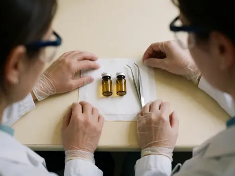 Deux flacons en verre ambré contenant des échantillons, posés sur des champs stériles avec des pinces métalliques et des gants jetables.