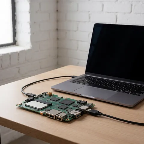 Carte mère verte avec puces et câble USB branché sur un ordinateur portable, posée sur une table en bois dans un bureau avec un mur en briques blanches
