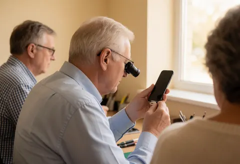 Un technicien examine un téléphone portable sur une table de travail dans un atelier de réparation, éclairé par la lumière naturelle d'une fenêtre aux murs beiges.