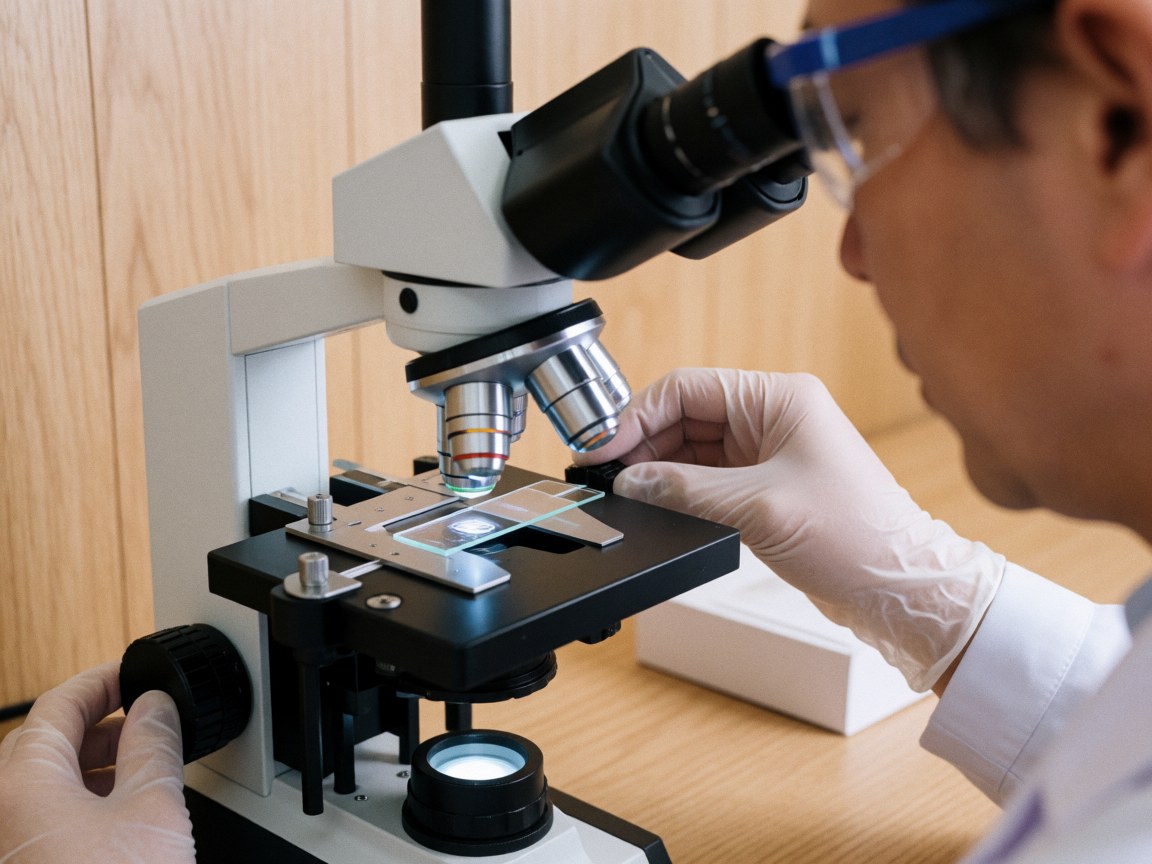 Une main gantée ajuste un microscope sur une table en bois dans un laboratoire clinique, avec des murs en panneaux en arrière-plan.