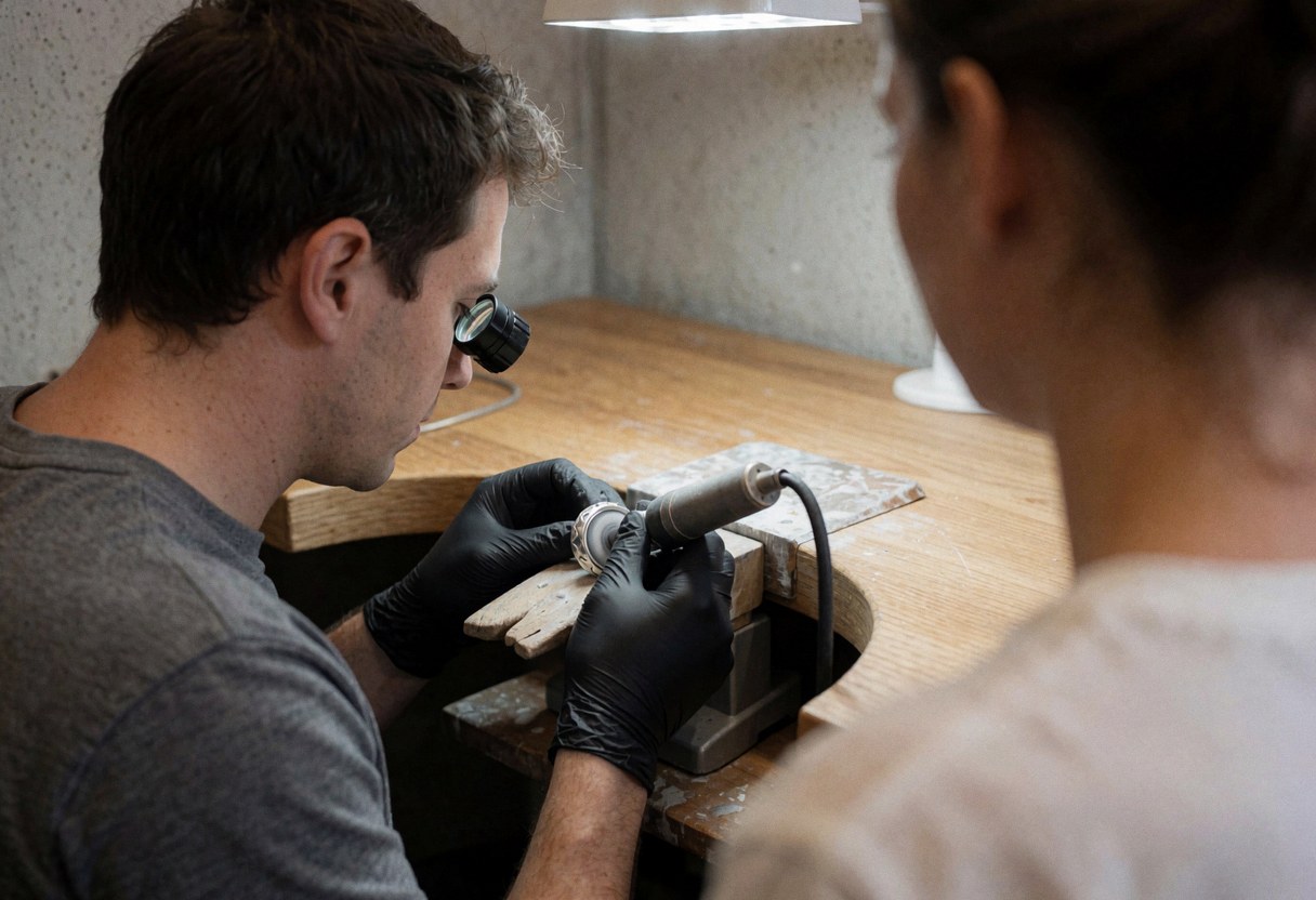 Un jeune joaillier polissant un bracelet en argent avec une loupe et des gants noirs sur un établi en bois, pendant qu'une autre personne observe le travail.