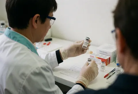 Un technicien de laboratoire portant des gants examine attentivement un flacon dans un environnement médical professionnel.