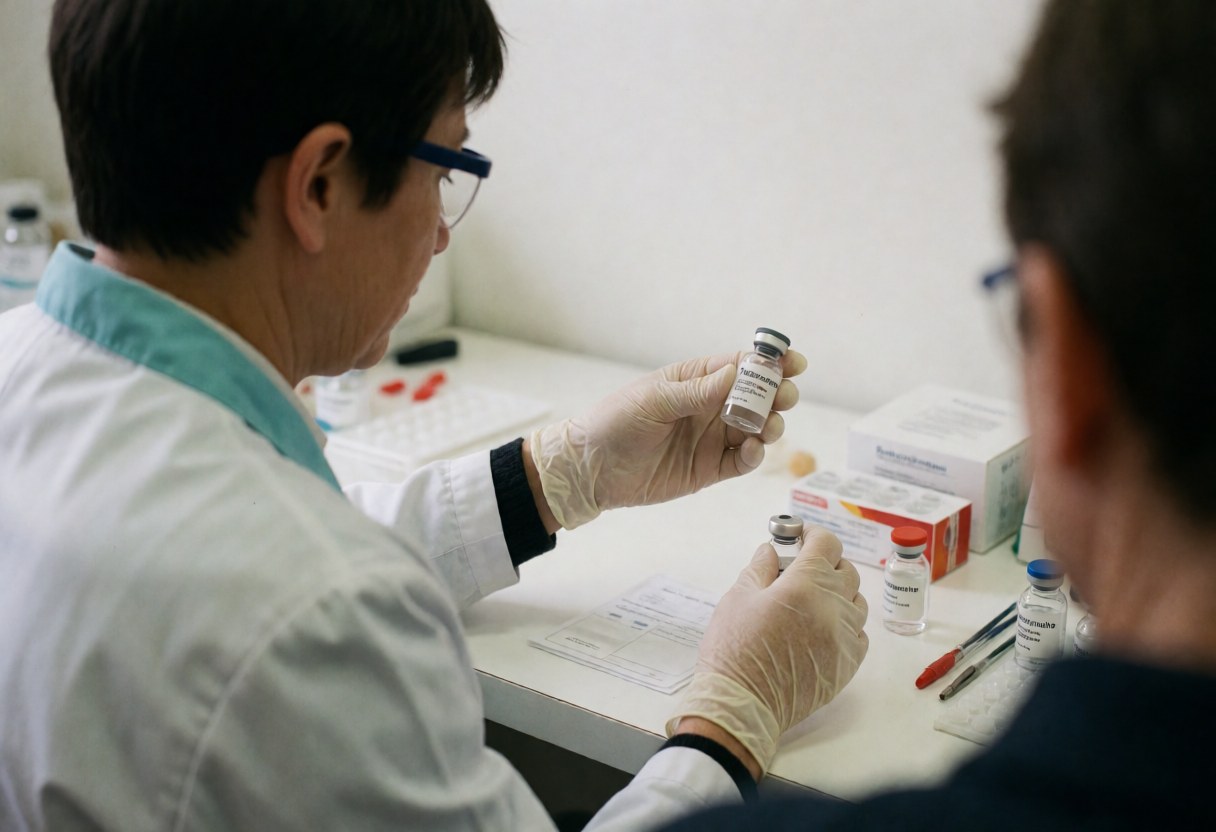 Un technicien de laboratoire portant des gants examine attentivement un flacon dans un environnement médical professionnel.