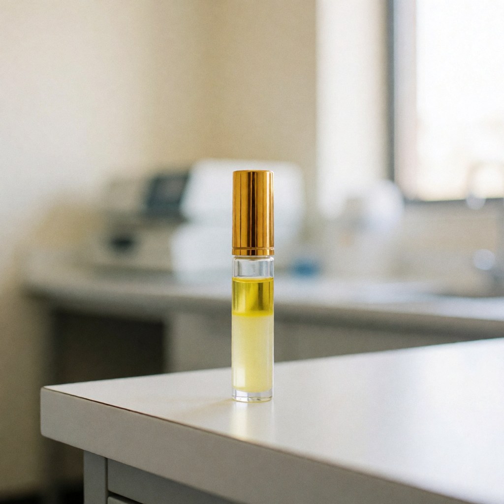 Tube de plasma jaune posé sur une table blanche dans un laboratoire avec un équipement médical en arrière-plan flou et une lumière naturelle.