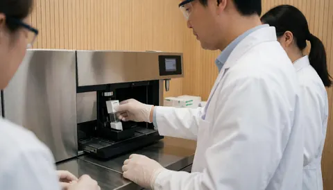 Un technicien en laboratoire clinique place un échantillon dans une machine d'analyse automatique, entouré de murs en bois clair et d'équipements de laboratoire.