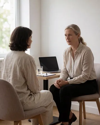 Deux personnes lors d'une consultation professionnelle dans un bureau moderne aux murs blancs, avec un ordinateur portable, un verre d'eau et des chaises en tissu.