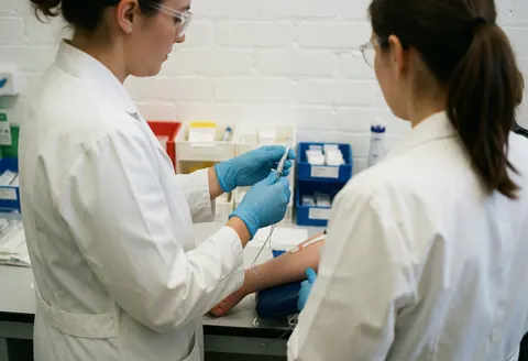 Un professionnel de laboratoire effectue un prélèvement sanguin sur le bras d'un patient, équipé de matériel médical, devant un mur en briques blanches.