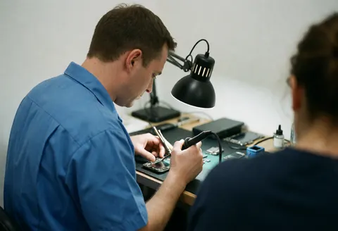 Technicien en atelier de réparation utilisant un fer à souder sous un éclairage de travail, sur une table rangée avec des murs blancs en arrière-plan.