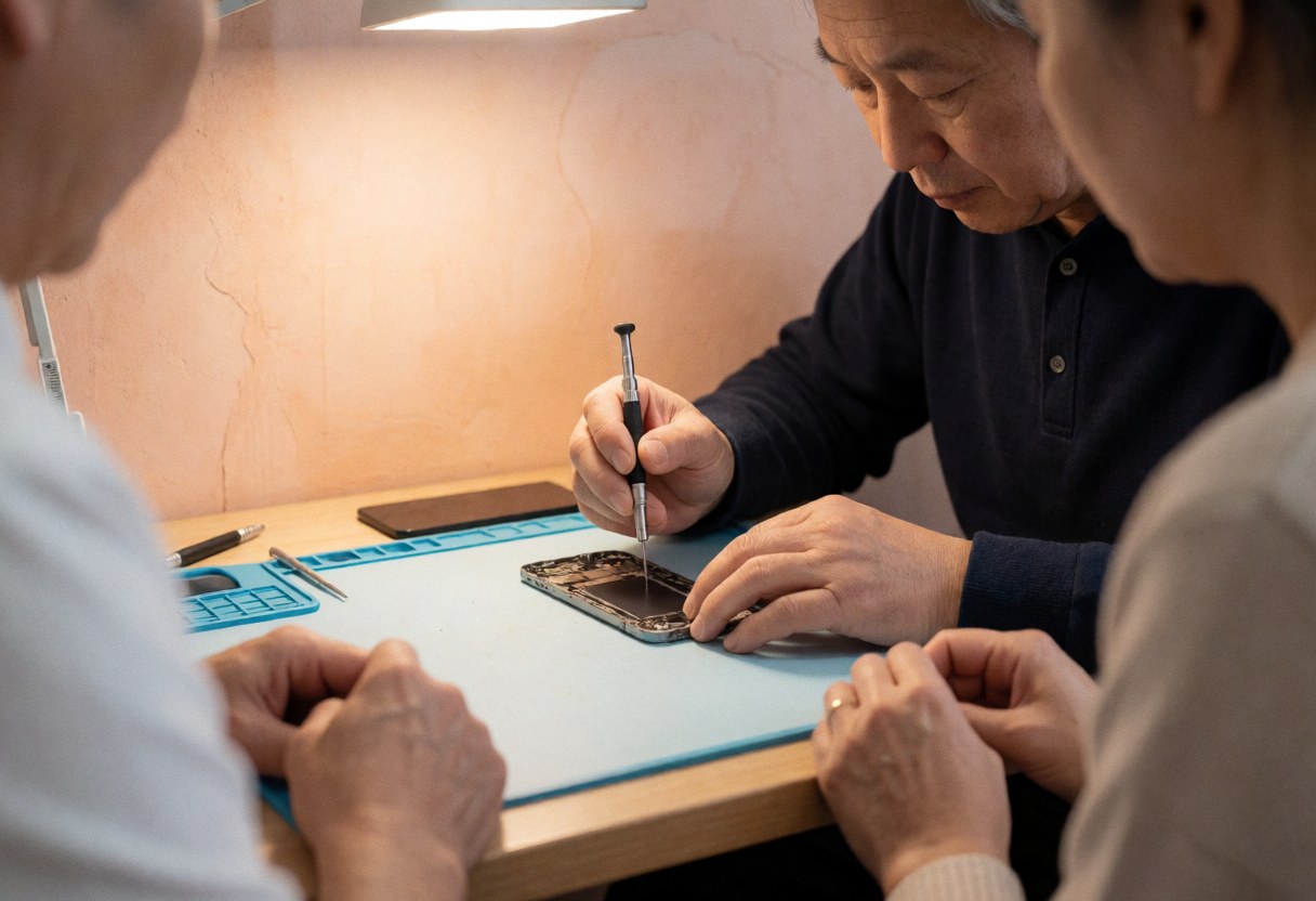 Technicien réparant un téléphone démonté sur une table avec tapis antistatique, éclairage de travail et murs clairs dans un atelier de réparation.