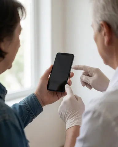 Un technicien portant des gants examine un smartphone noir tenu par un client dans un environnement lumineux avec un mur blanc.