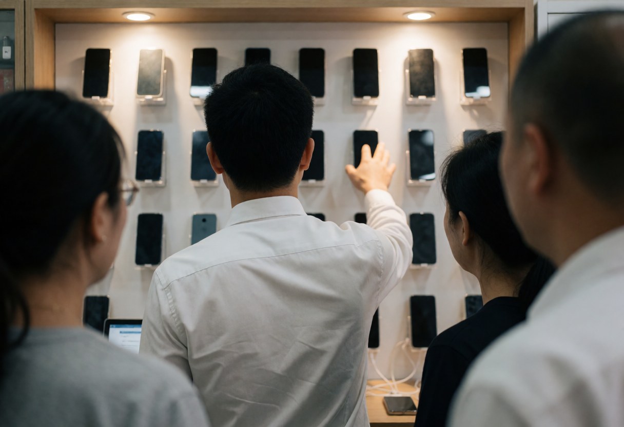 Un vendeur indique un modèle de téléphone dans une boutique tandis que des clients observent, éclairés par des spots sur le mur.