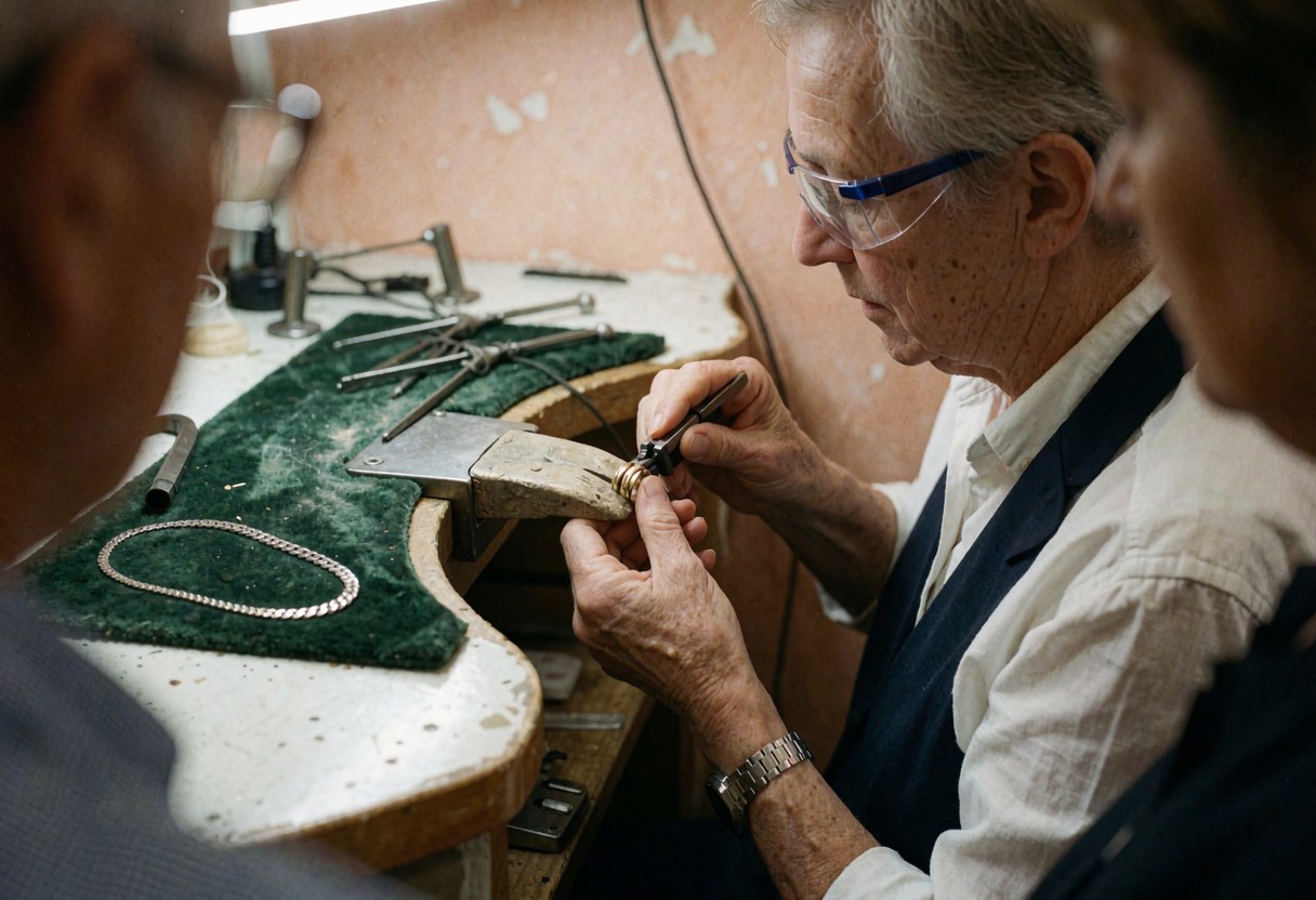 Un bijoutier ajuste une bague en or avec un outil manuel sur une table de travail, une chaîne en or blanc posée sur un tissu vert.