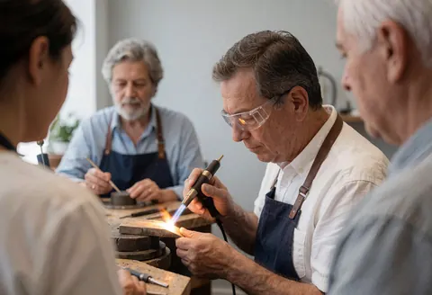 Un joaillier portant des lunettes de sécurité chauffe un objet avec un chalumeau dans un atelier aux murs clairs, tandis que d'autres personnes observent la procédure.