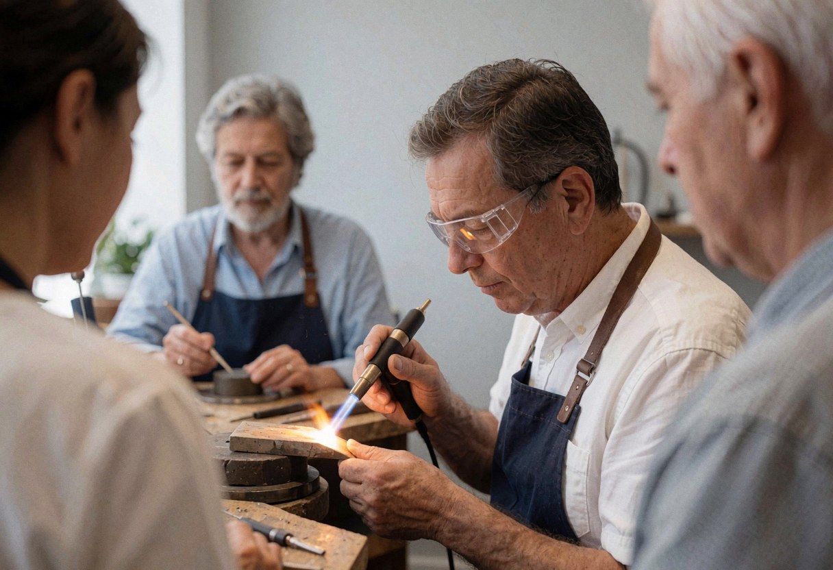 Un joaillier portant des lunettes de sécurité chauffe un objet avec un chalumeau dans un atelier aux murs clairs, tandis que d'autres personnes observent la procédure.