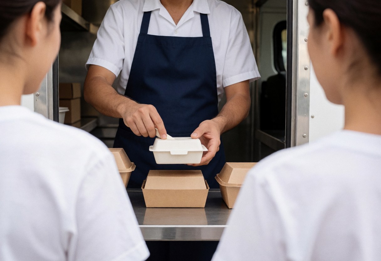 Un serveur en uniforme sert de la nourriture à des clients de dos depuis l'intérieur d'un camion de restauration rapide en action.