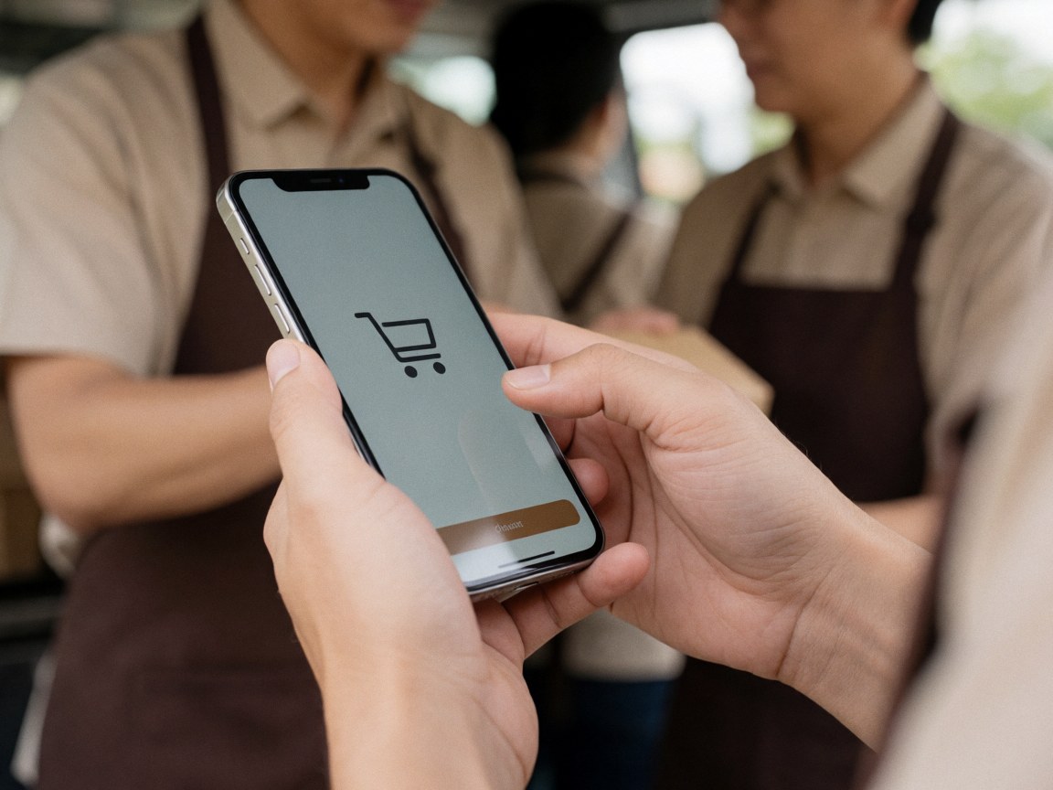 Des mains interagissant avec un écran tactile affichant une icône de panier, à l'intérieur d'un food truck, avec des personnes floues en arrière-plan.