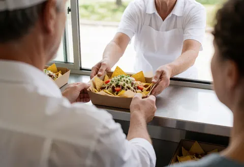 Mains de l'employé remettant une boîte de nachos au client, focus sur la nourriture et le service en action à l'extérieur.