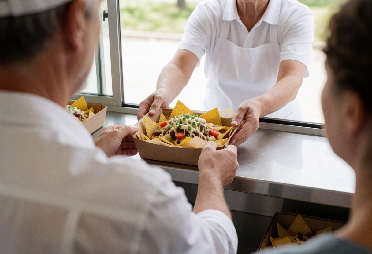 Mains de l'employé remettant une boîte de nachos au client, focus sur la nourriture et le service en action à l'extérieur.