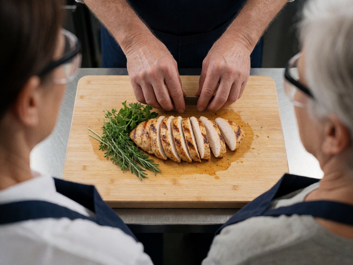 Personnes observant la découpe de poulet rôti sur une planche en bois avec des herbes fraîches dans un food truck.