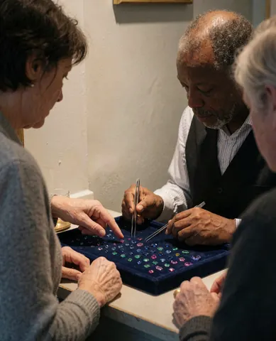 Un joaillier utilise des pinces pour examiner des pierres précieuses dans une vitrine bleue tandis que des clients observent dans la boutique.