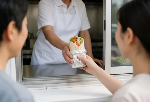 Vendeur en food truck remet un burrito enveloppé d'aluminium à un client, scène de service en action.