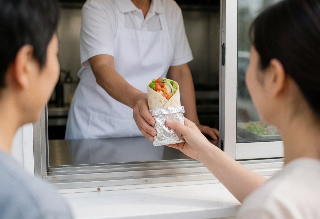 Vendeur en food truck remet un burrito enveloppé d'aluminium à un client, scène de service en action.