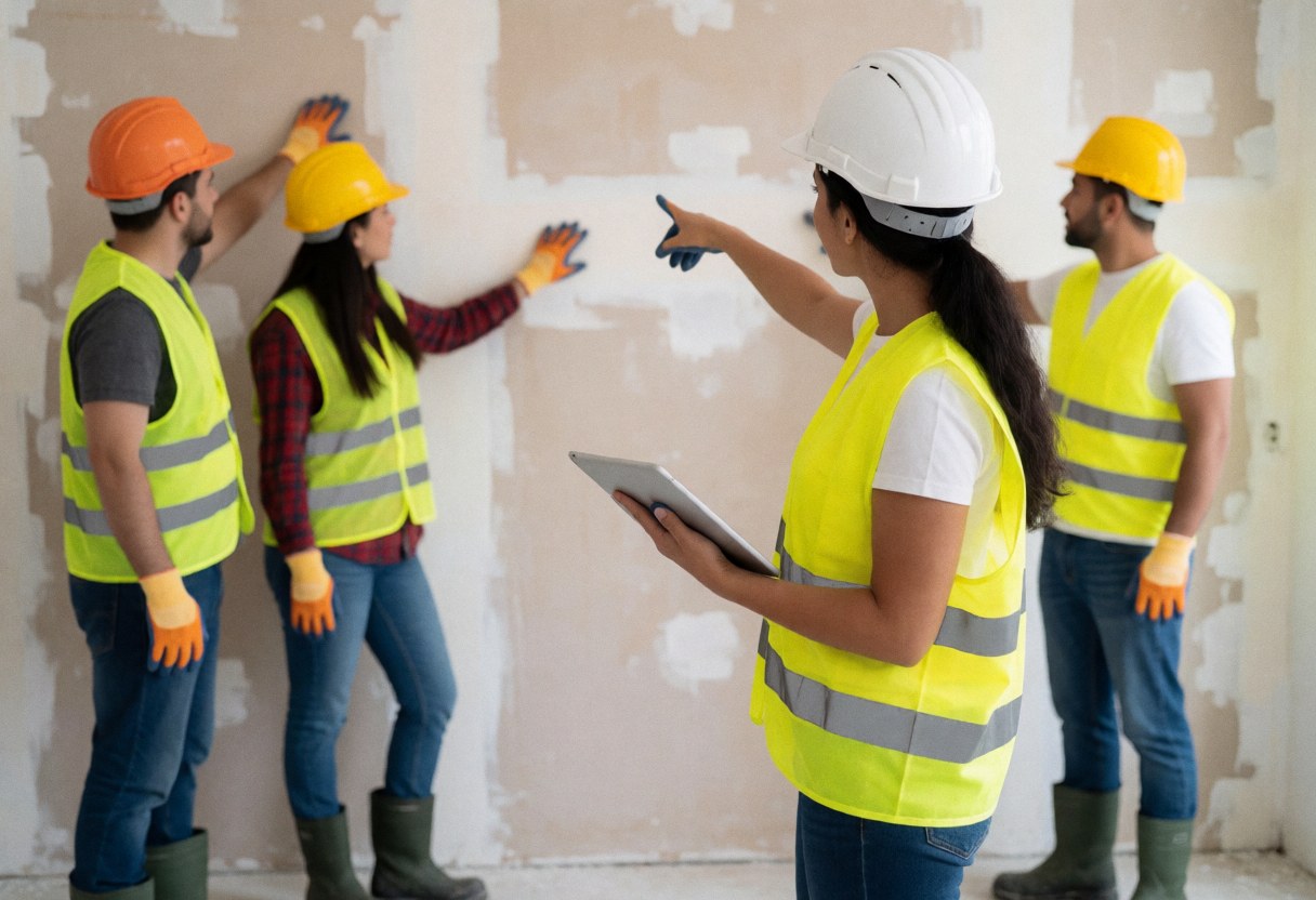 Une femme tient une tablette pour superviser des travaux de rénovation sur un mur, entourée d'un porteur de casque et de gilet de sécurité.