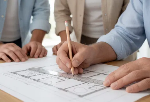 Une main dessine une ligne précise sur un plan posé sur une table éclairée, tandis que deux architectes observent le design.