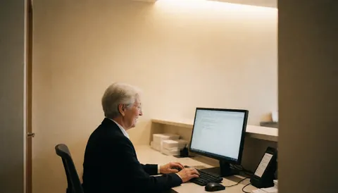 Une réceptionniste travaille sur un ordinateur dans un laboratoire clinique aux murs beiges et à l'éclairage chaleureux, créant une ambiance professionnelle.