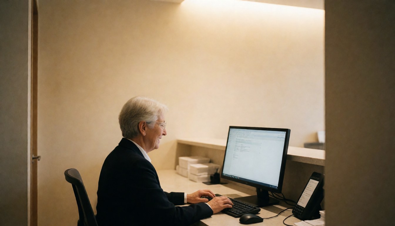Une réceptionniste travaille sur un ordinateur dans un laboratoire clinique aux murs beiges et à l'éclairage chaleureux, créant une ambiance professionnelle.