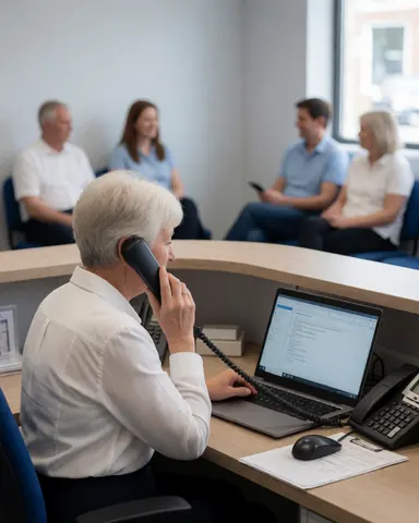Une adjointe administrative utilise son téléphone portable tout en travaillant sur un ordinateur portable, avec des clients attendant dans le fond.