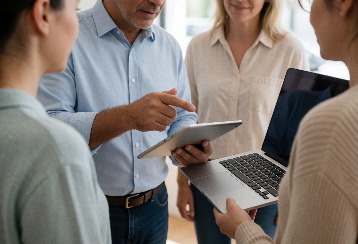 Un technicien en technologie explique des données à des clients dans un magasin, utilisant une tablette et un ordinateur portable dans un environnement professionnel et convivial.