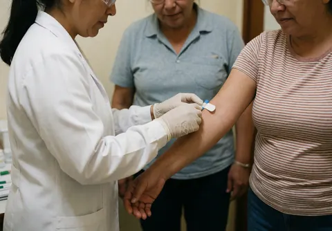 Un professionnel en blouse blanche, gants et lunettes de sécurité, prélève du sang sur le bras d'un patient dans une clinique.