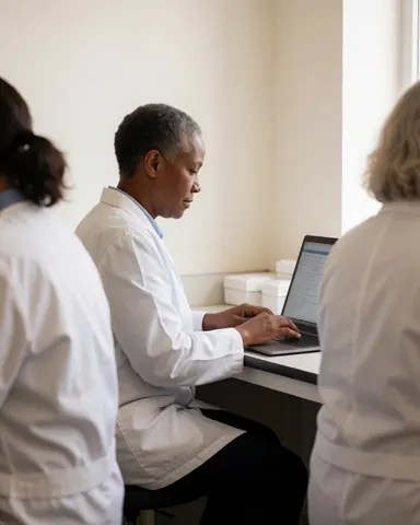 Trois scientifiques dans un laboratoire, l'une travaillant sur une table blanche, murs clairs, ambiance professionnelle.