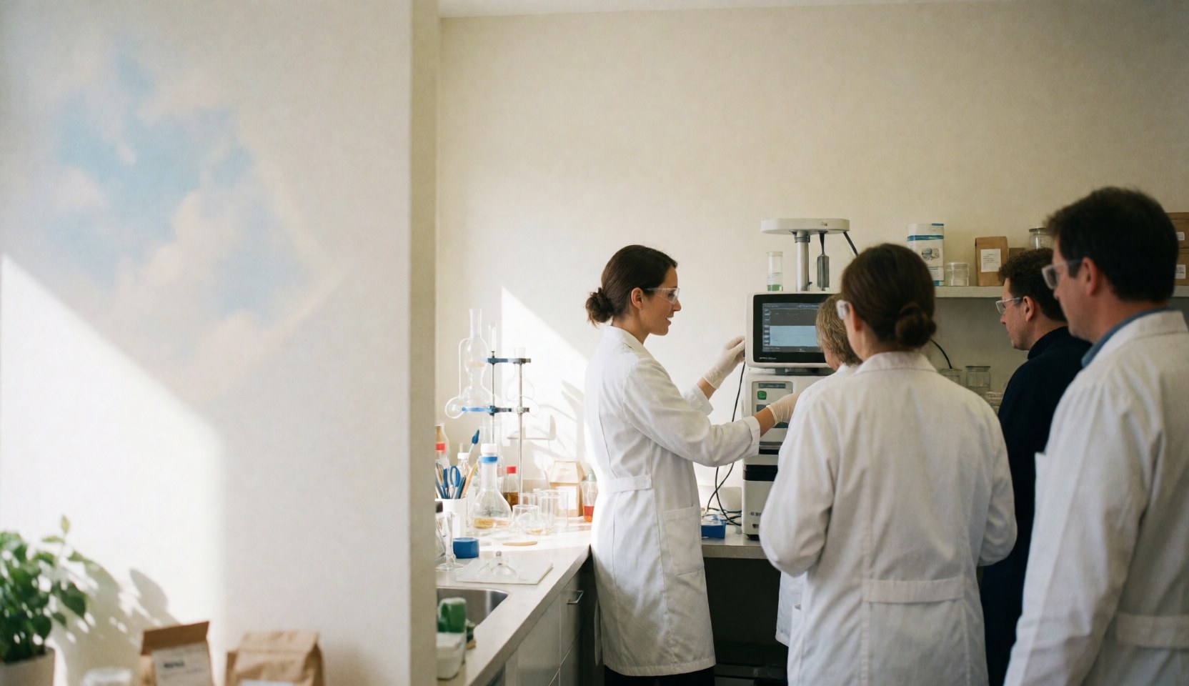 Technicienne en blouse blanche opérant un équipement de diagnostic dans un laboratoire clinique avec une lumière naturelle et une surface stérile.