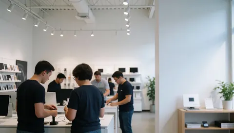 Employés manipulant des téléphones dans un magasin de technologie aux murs blancs et étagères, offrant un service client dans un espace moderne et propre.