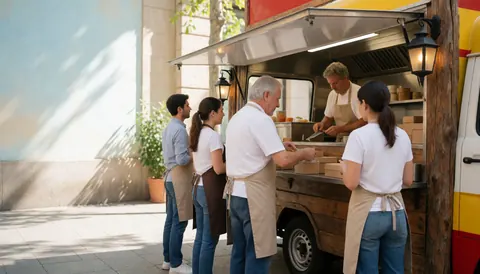 Cuisinier servant des tapas dans un food truck avec des lanternes suspendues, clients attendant dans la rue ensoleillée.