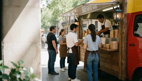 Un client passe une commande dans un food truck en bois éclairé par des suspensions, avec du personnel en train de servir dans une rue.