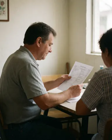 Deux individus analysent des papiers sur une table en bois dans un bureau lumineux aux murs clairs, évoquant une scène comptable.