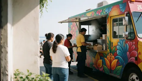 Un cuisinier prépare de la nourriture dans un camion mexicain décoré de murs colorés tandis que des clients attendent sur une rue ensoleillée près de la côte.