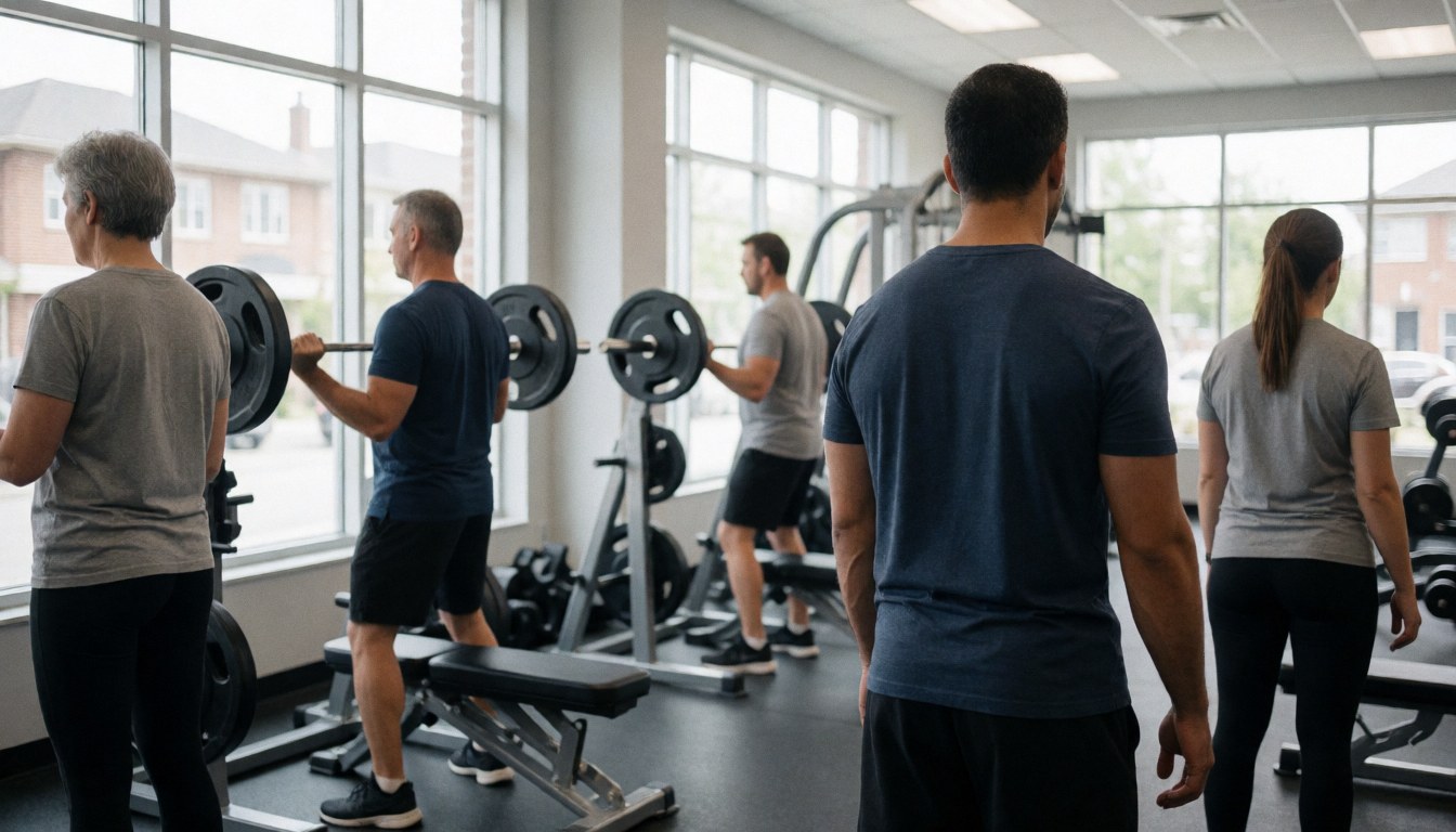 Cinq personnes effectuent un entraînement avec des poids dans un gymnase moderne aux grandes fenêtres et au sol sombre, illustrant l'ambiance sportive.