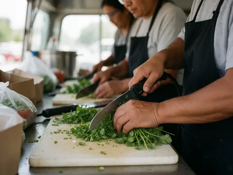 Des mains de cuisiniers tranchent de la coriandre fraîche à l'intérieur d'un food truck, sur une planche à découper avec un couteau, en préparation de repas.