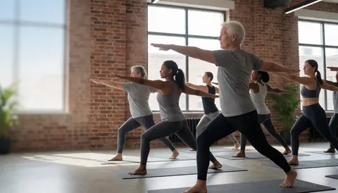 Un groupe d'adultes pratique le yoga en posture de guerrier dans un gymnase aux murs de briques et grandes fenêtres, baigné de lumière naturelle.